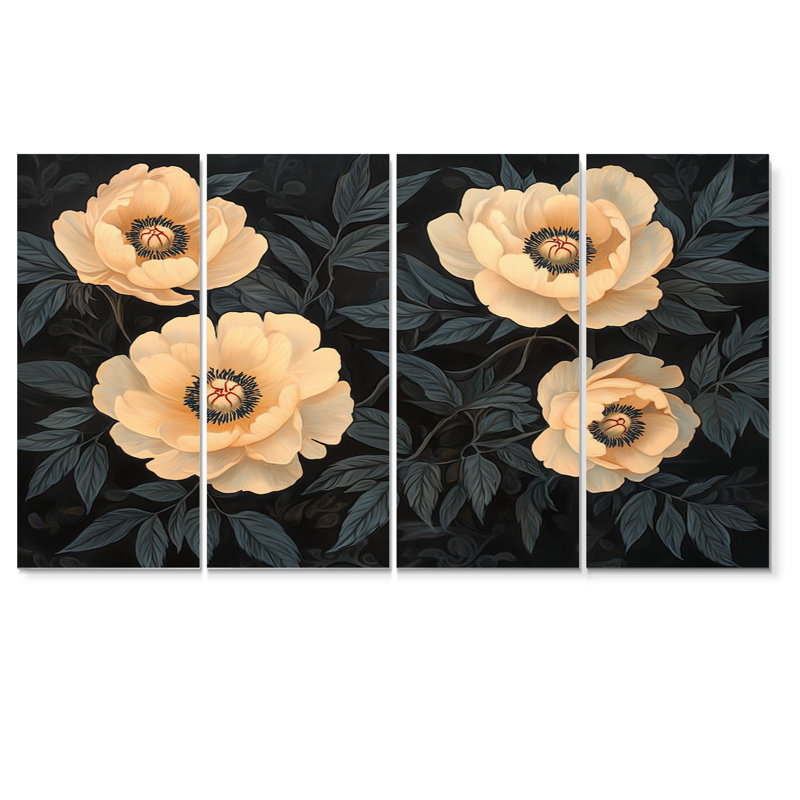 Peonis noir de Beige noir I - art mural beige - décoration murale traditionnelle, H 28 po x l 48 po, 4