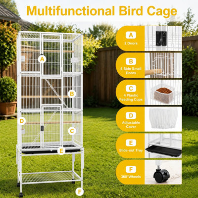 Grande cage à oiseaux 69 "avec support roulant et housse anti-poussière, cage à perroquet en métal blanc pour les coqs, les tourtereaux et les petits oiseaux
