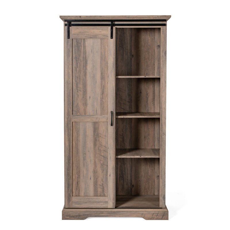 Rustic Farmhouse Storage Cabinet Bookcase with Sliding Barn Door and Adjustable Shelves, Graywash