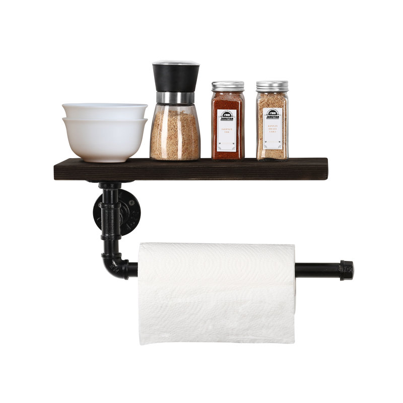 Wall Mounted Toilet Paper Storage Rack Paper Towel Holder Wood & Pipe
