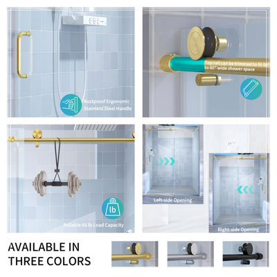 56" - 60" W x 76" H Single Sliding Shower Door, Frameless Bathroom Sliding Door with 1/4" (6mm) Tempered Glass for Walk-in Shower, Brushed Gold