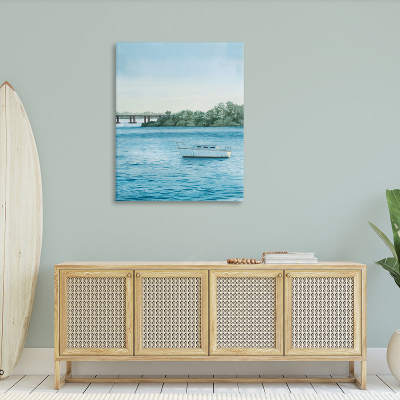 Bateau et pont, toile d'art décorative par Grace Popp, H 48 po x l 36 po
