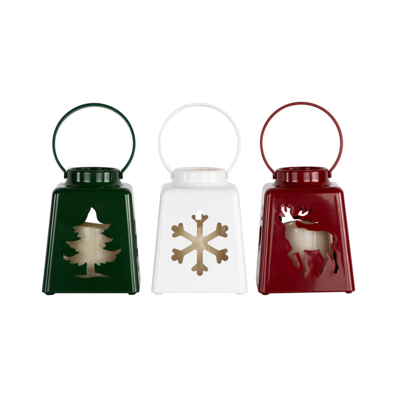 LED Lighted Tree Snowflake And Reindeer Christmas Candle Lanterns - 8" - Set Of 3