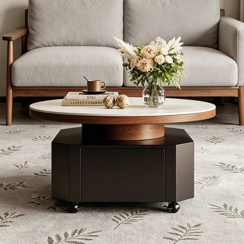 Petite table basse mobile avec roulettes, White Top/Black Base