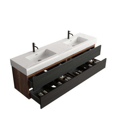 72'' Bathroom Vanity With Matt Engineered Quartz Sink And Soft Drawers, Wall Mounted Floating Bathroom Vanity For Modern Bathroom,One-Piece Glossy Basin