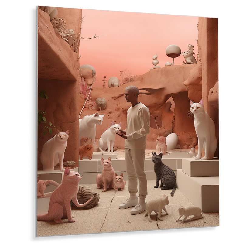 «White Man with Cats Pink Landscape - Man», reproduction d'art mural, Métal métal, H 40 po x l 30 po x P 1,5 po