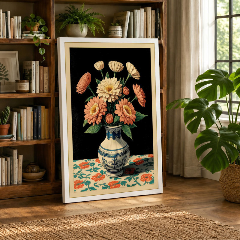 Chrysanthemum Arrangement Botanical - Wrapped Canvas, 18x12 - 45.7 x 30.5 cm, Teal Border