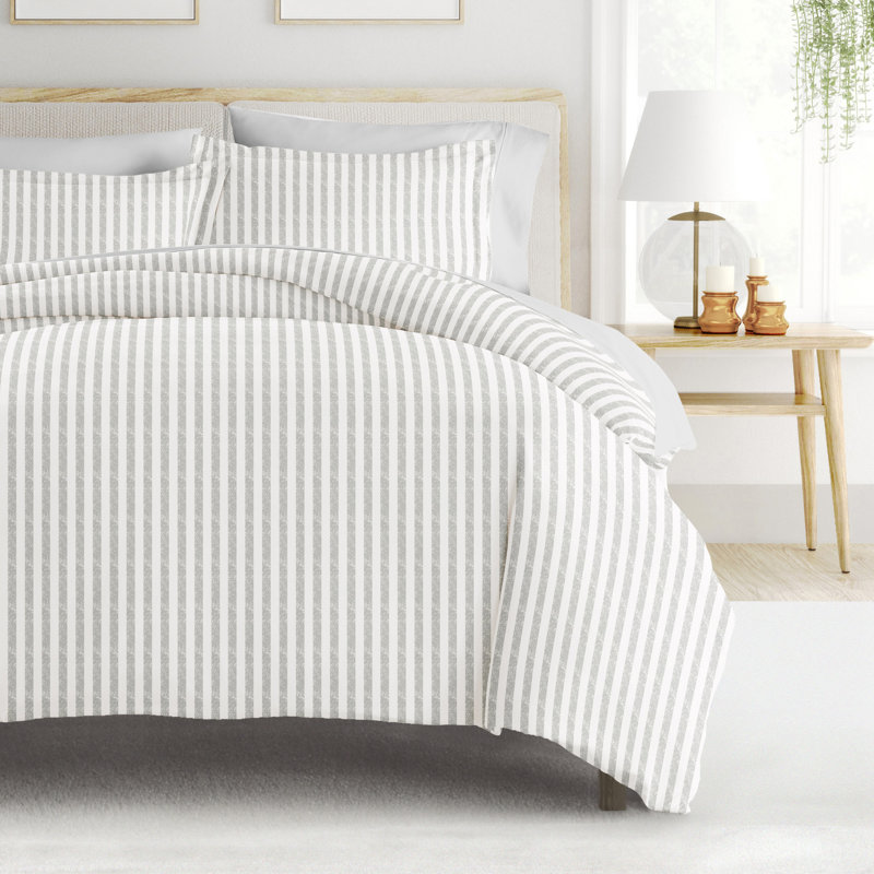 8-Piece Reversible Bedding Bundle - Patterned Duvet Cover, Comforter Insert and Solid Sheet Set, Gray Striped