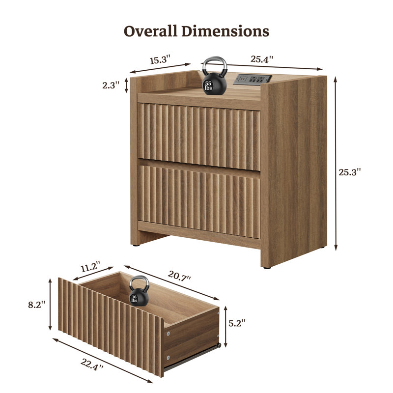 Bethlehem Modern Fluted 2-Drawer Nightstand With Charging Station, Caramel Oak