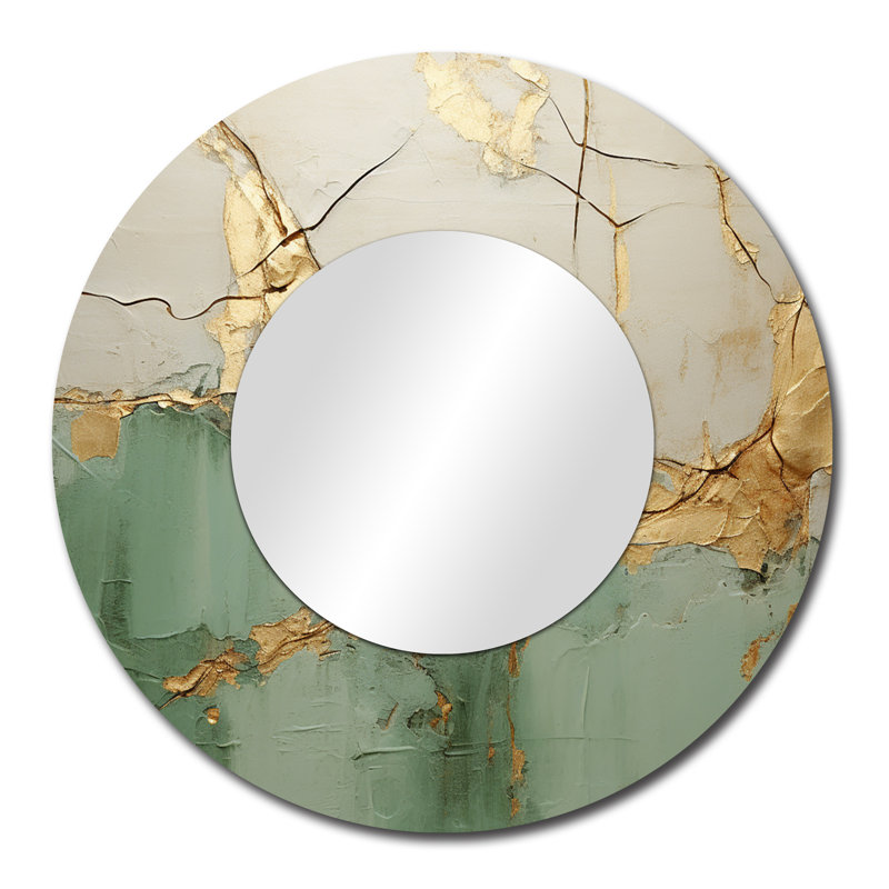 Ricquita Green Gold Minimalism Poteries - Abstract Spirals Decorative Mirror, Modern Round Wall Mirror, Printed Metal Art
