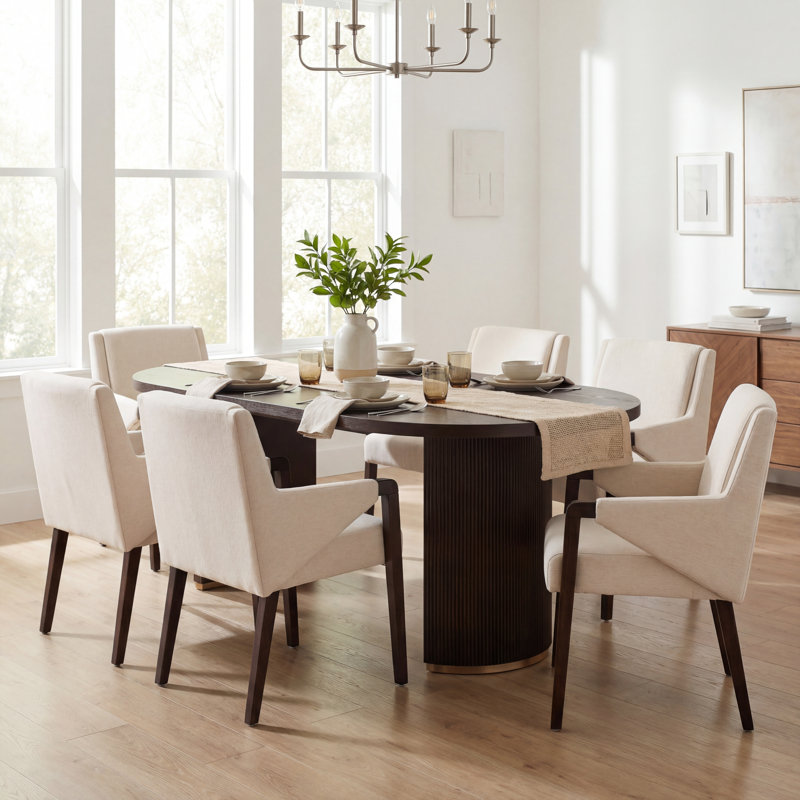 Krisslyn 6-Person Rubberwood Dining Table Set With Upholstered Chairs & Double Pedestal Base, Linen/Dark Walnut, Espresso