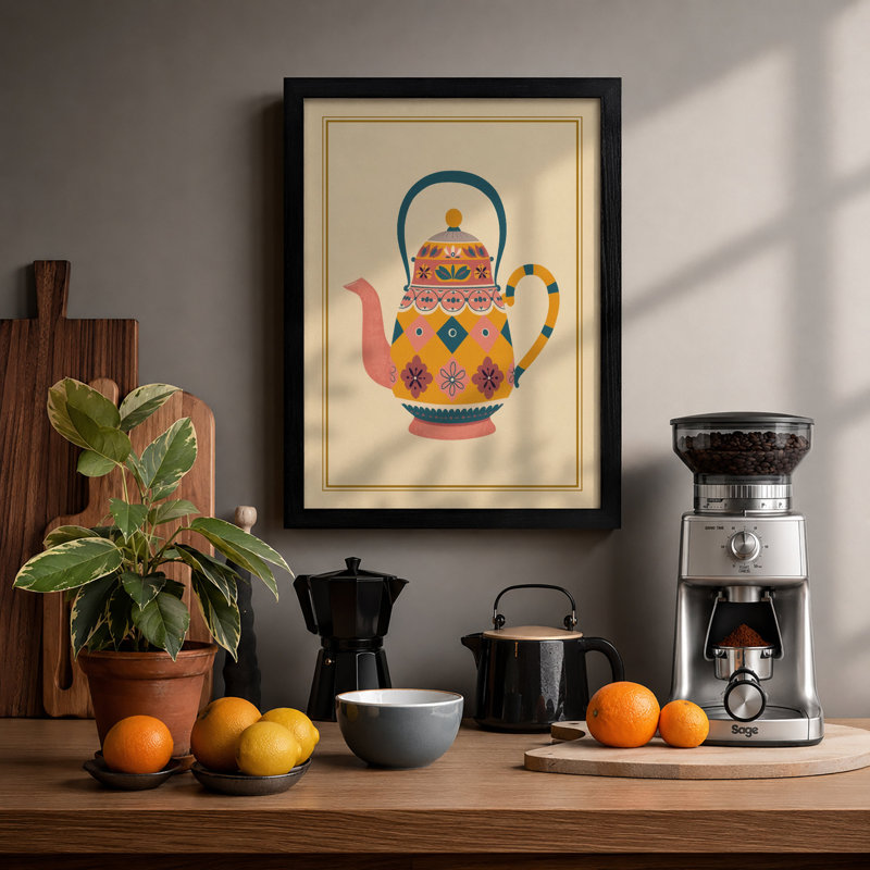 Folk Art Teapot Eclectic - Framed Print, A2 - 59.4 x 42.0 cm, Black