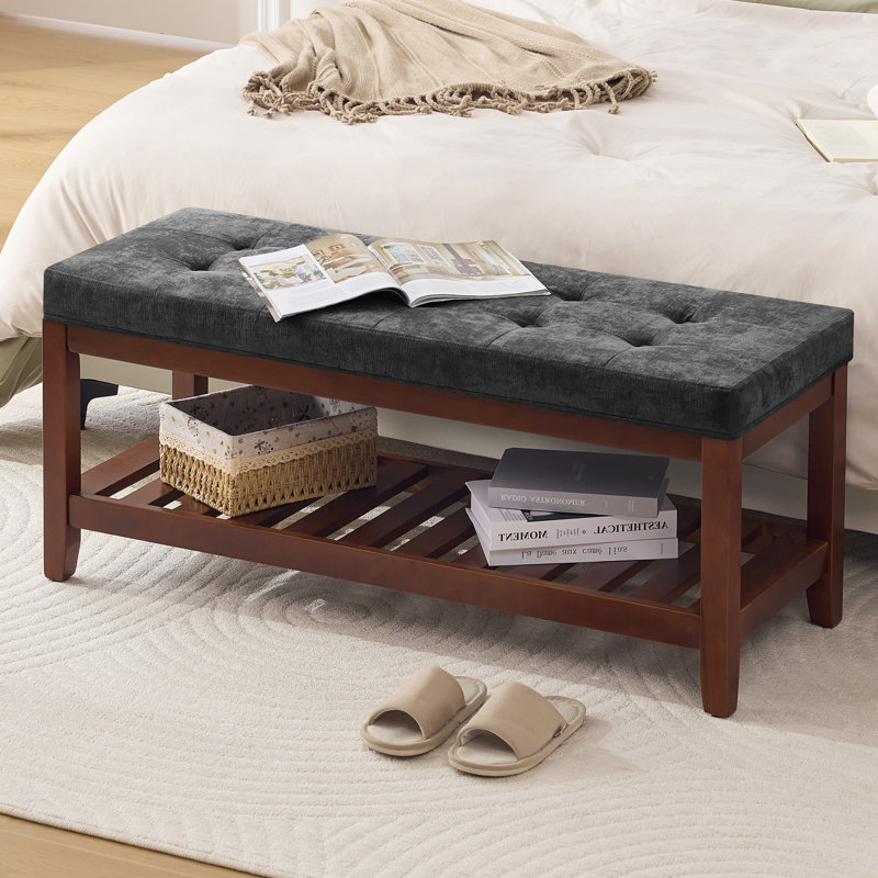 Banc de rangement capitonné de style ferme de 112 cm (44 po), banc d'entrée en bois massif, Gray