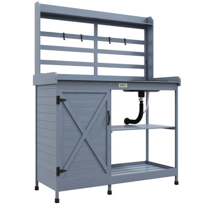 Outdoor Potting Bench With Water Tap And Cabinet, Wood - Practical For Gardening In Patio, Backyard, Garden Storage Area Sink, Convenient Lawn