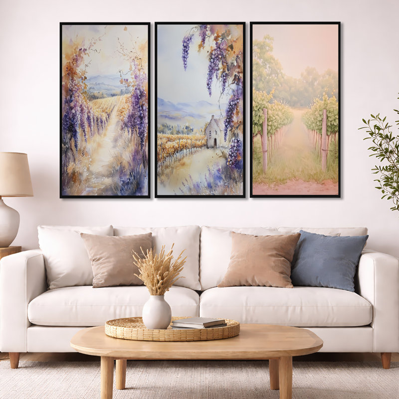 Golden Vineyard in Italy - Vineyard, reproduction sur toile 3 pièces, H 40 po x l 60 po, Cadre flottant noir