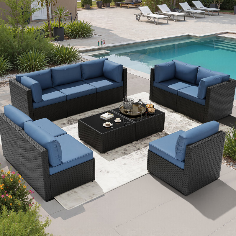 8-Person Outdoor Seating Group with Cushions, Navy, Black