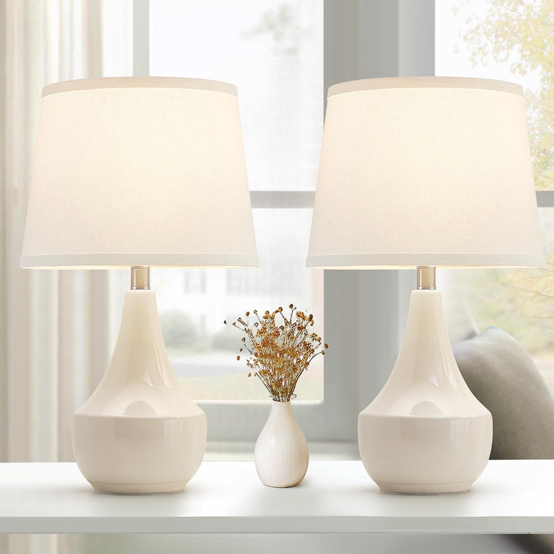 Ensemble de 2 lampes de table en céramique pour salon, Crème, crème