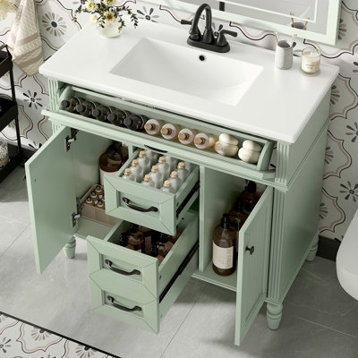 36 Inch Bathroom Vanity With Sink Combo, Green Freestanding Cabinet With Ceramic Basin, MDF + Solid Wood Frame, Flip-Out Top Drawer, Soft Close Doors, 2 Storage Drawers Handles
