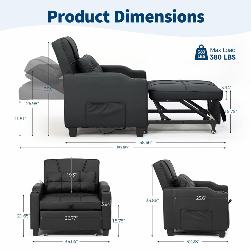 Canapé-lit convertible 4 en 1 avec canapé-lit, fauteuil inclinable avec massage par vibration, Noir