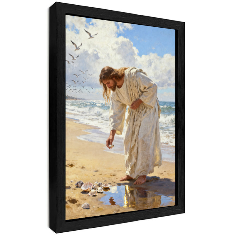 Reproduction d'art encadré noir, Jésus rétro se promenant au bord de la mer, H 11 po x l 9 po