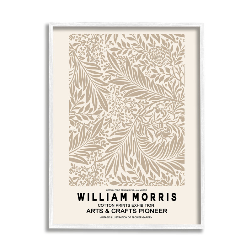 Texte détaillé sur les feuilles botaniques beiges de William Morris, L 16 po x H 16 po, Giclée encadrée blanc bord de mer