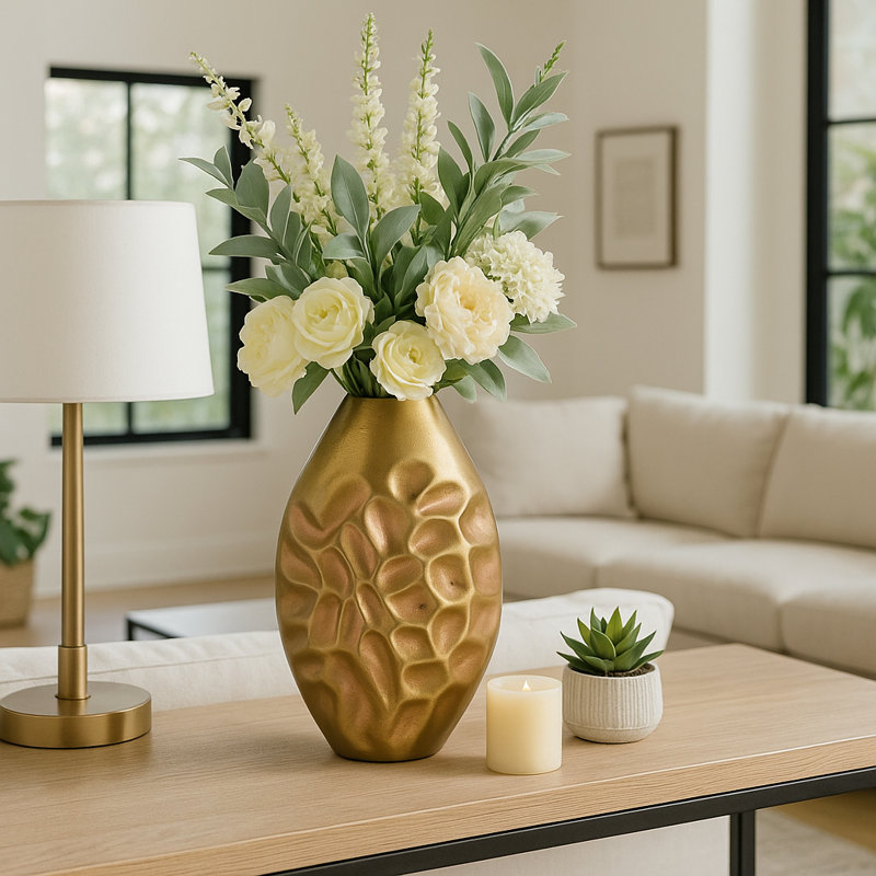 Decorative Textured Metal Flower Vase for Home Decor – Modern Glam Tall Table Vase for Bedroom Accent, Living Room, and Office Decor – 15"