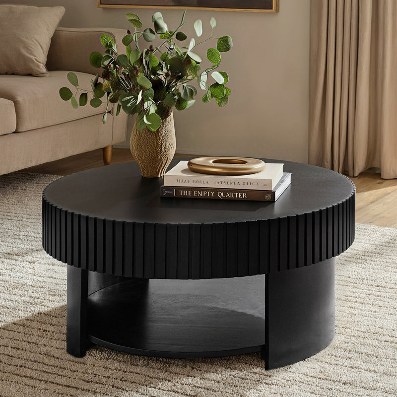 Table basse moderne en bois massif avec tablette de rangement inférieure cannelée 31,25 "Jadida, Noir