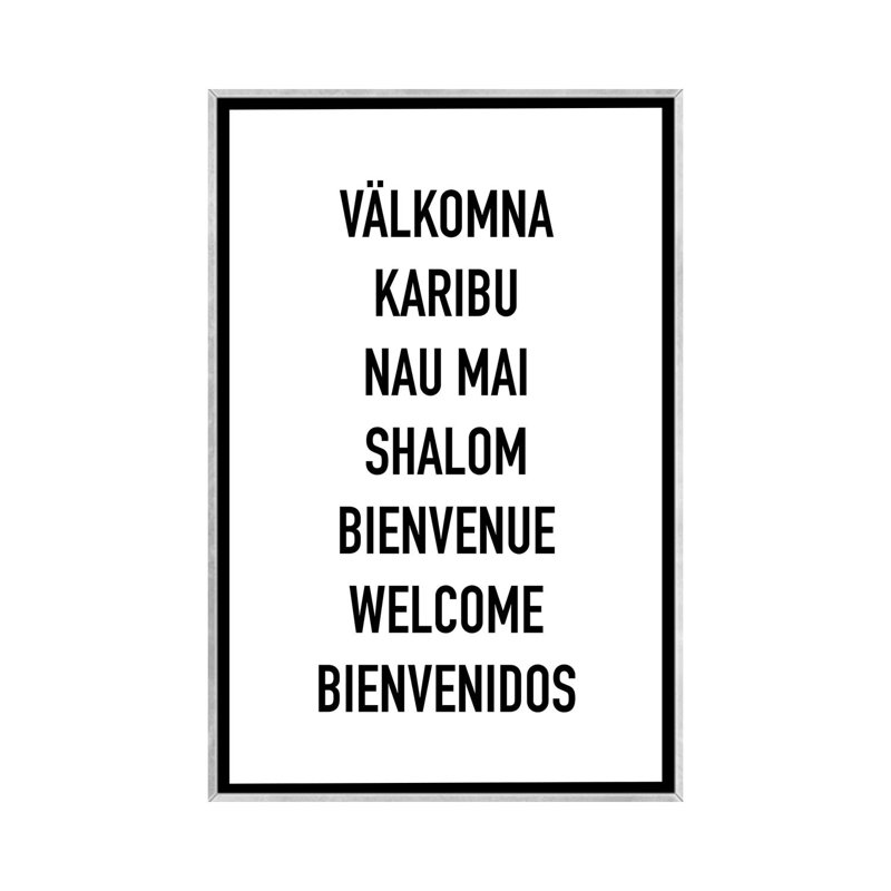 Welcome languages-impression d’art textuel, Pas de tapis, H 60 po x l 40po x P 1,5 po, Toile avec cadre argenté