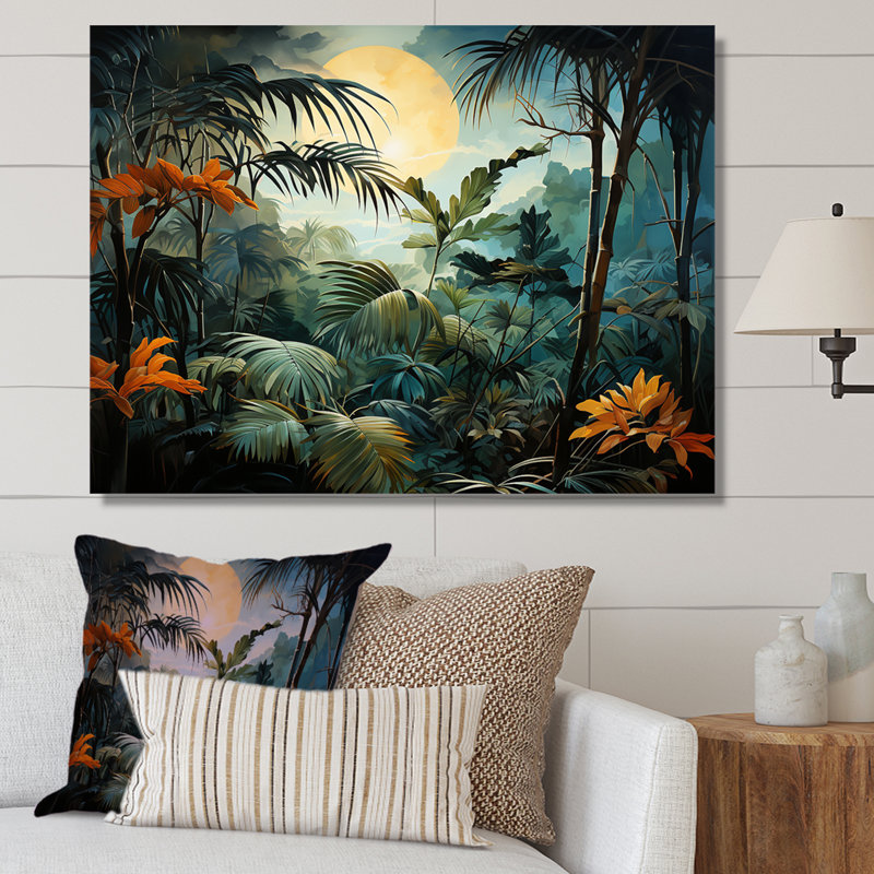 «Fantasy Jungle Plants Under Moonlight», reproduction sur toile, Cadre flottant blanc, H 30 po x l 40 po