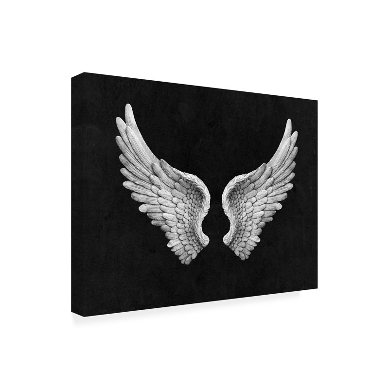 Ailes d'ange spirituelles en noir et blanc sur fond noir, H 18 po x l 24 po x P 2 po