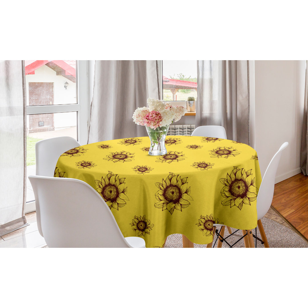 Runde Tischdecke, Sun Flowers Hand Drawn Wie, Blumen, Dunkle Maroon und Senf