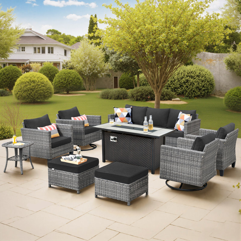 9 - Person Outdoor Wicker Patio Conversation Furniture Set With Fire Pit Table, Black