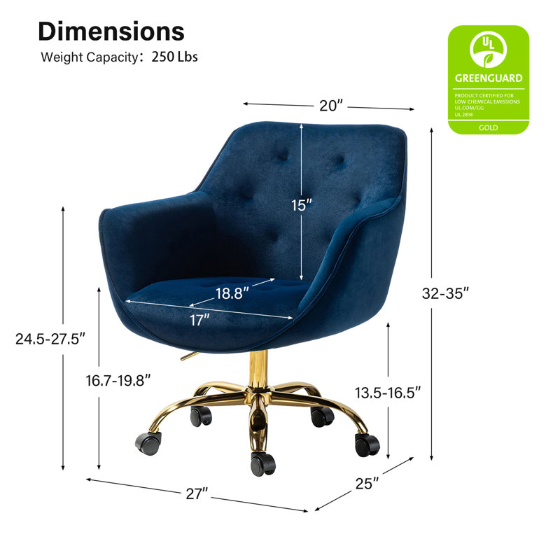 Clio Task Chair with Height Adjustable and Velvet Upholstery, Navy