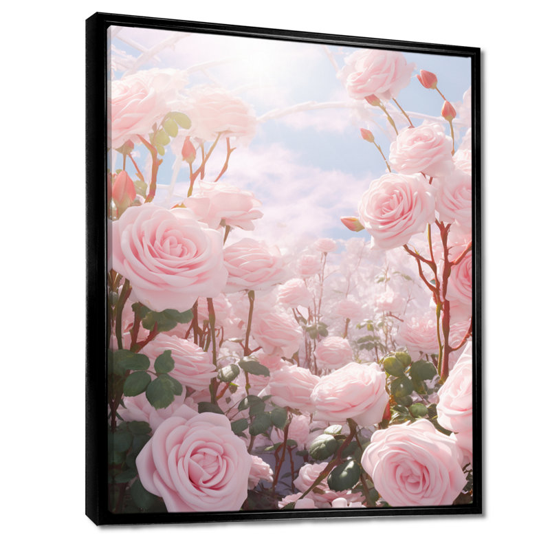 «Pink Roses Vibrant Blue Sunny Sky II - Roses», reproduction d'art, Toile avec cadre flottant noir