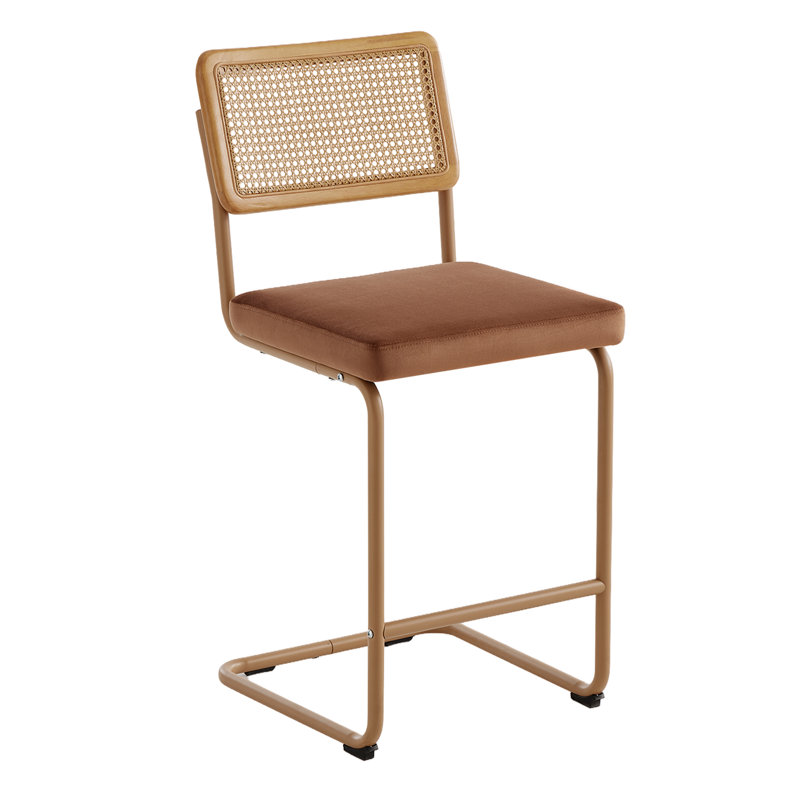 PU Leather Bar Stools With Woven Rattan Back And Metal Legs 1-Pack, Brown Seat/Brown Frame