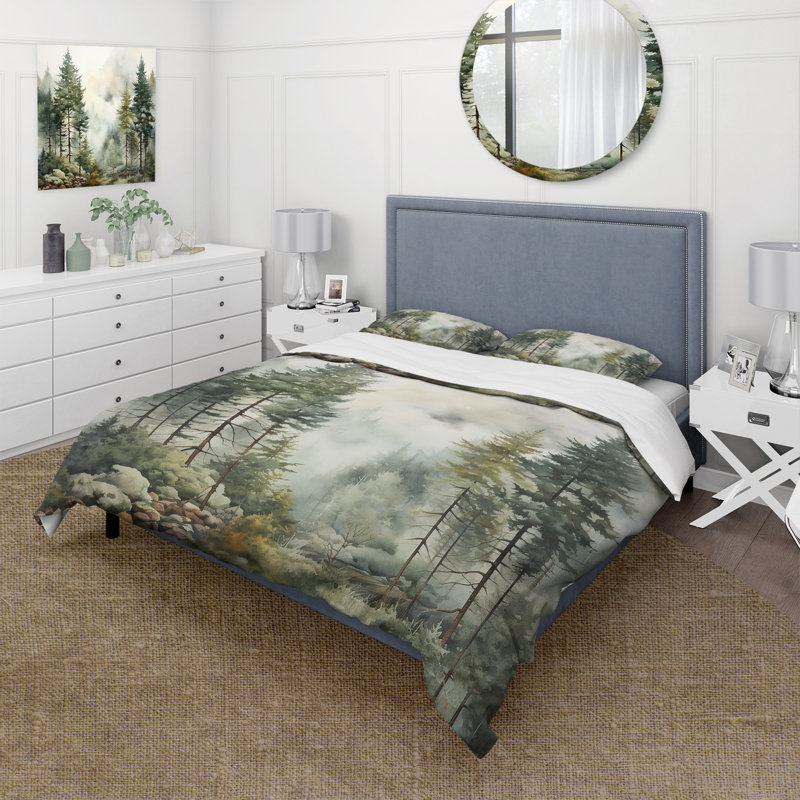 Ensemble de housse de couette Pine Tree Misty Morning II - Tree Pine, Housse de couette simple et deux taies décorative