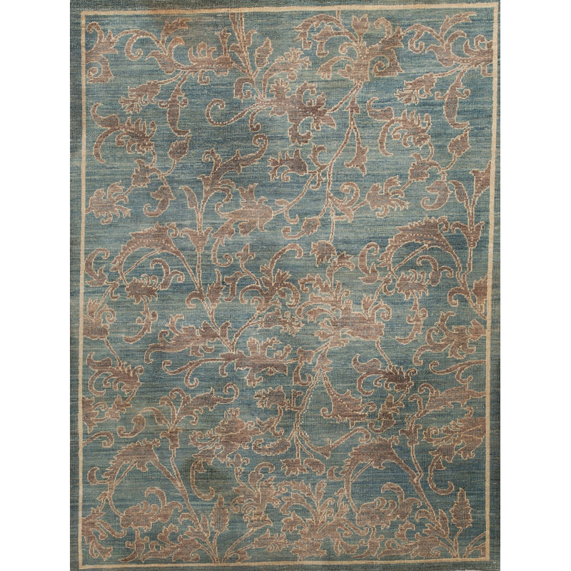 Tapis unique en laine noué à la main bleu / brun 4 pi x 5 pi