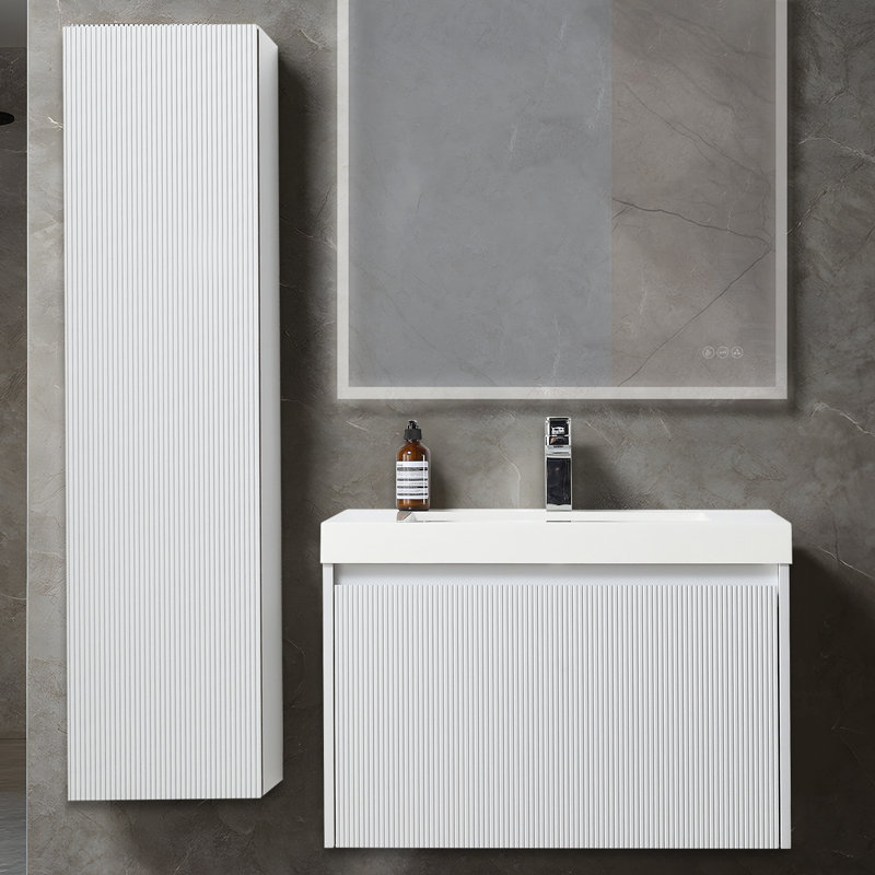 Ledell 30'' Wall-Mounted Bathroom Vanity with Acrylic Sink and Side Cabinet – Fluted Front, Soft-Close Drawers, Matte White