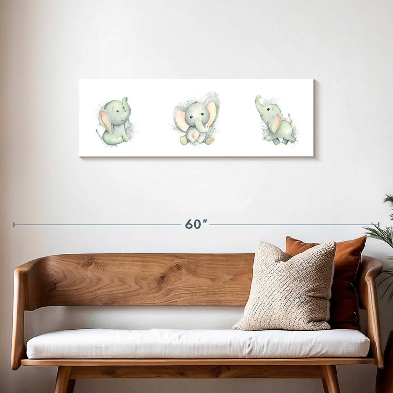 «Playful Baby Elephants Smudge», reproduction sur toile, H 14 po x l 42 po x P 1,25 po