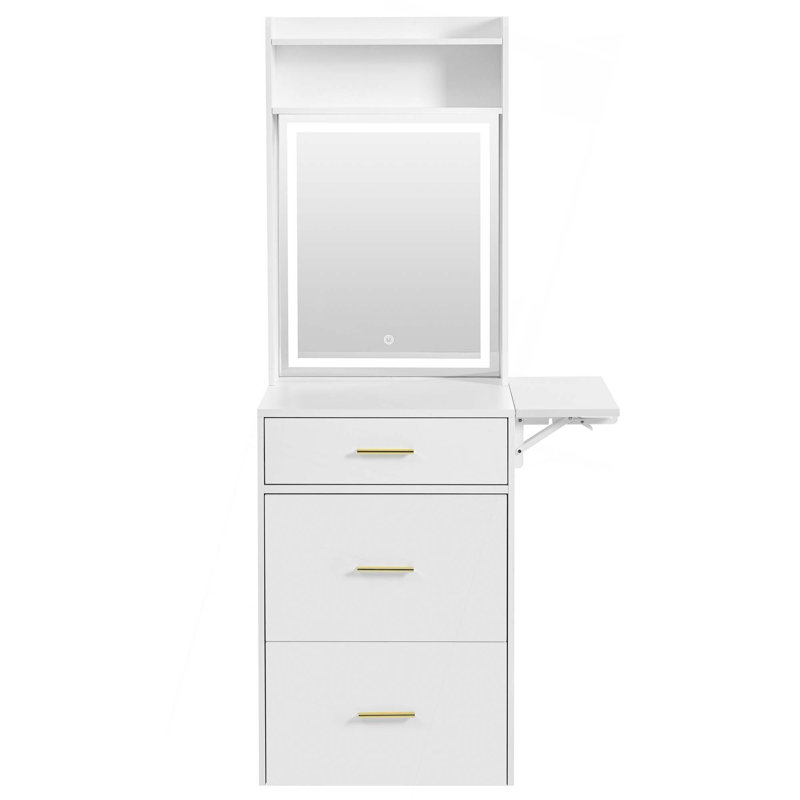 Petit meuble-lavabo avec miroir et lumière, coiffeuse avec station de charge et panneau rabattable pour les petits espaces, ensemble de coiffeuse à maquillage compact avec tabouret caché pour la chambre à coucher