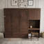 Grand lit escamotable avec bureau intégré, armoire de rangement, DEL, tiroirs et tablettes ouvertes-463620745