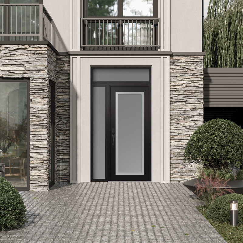 Panneau d'entrée en acier argenté noir et blanc avec porte latérale avant et traverse, Oui, L 53,25 po x H 95,69 po