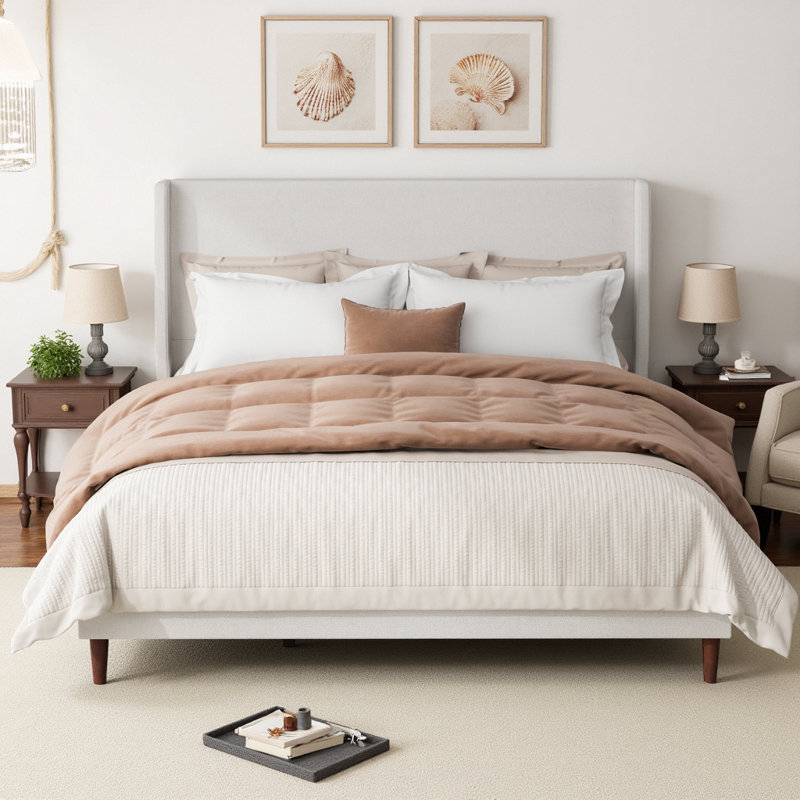 Structure de lit tapissier avec tête de lit haute et support à 12 lattes, lit plateforme en chenille blanc ivoire, aucun sommier requis, assemblage facile