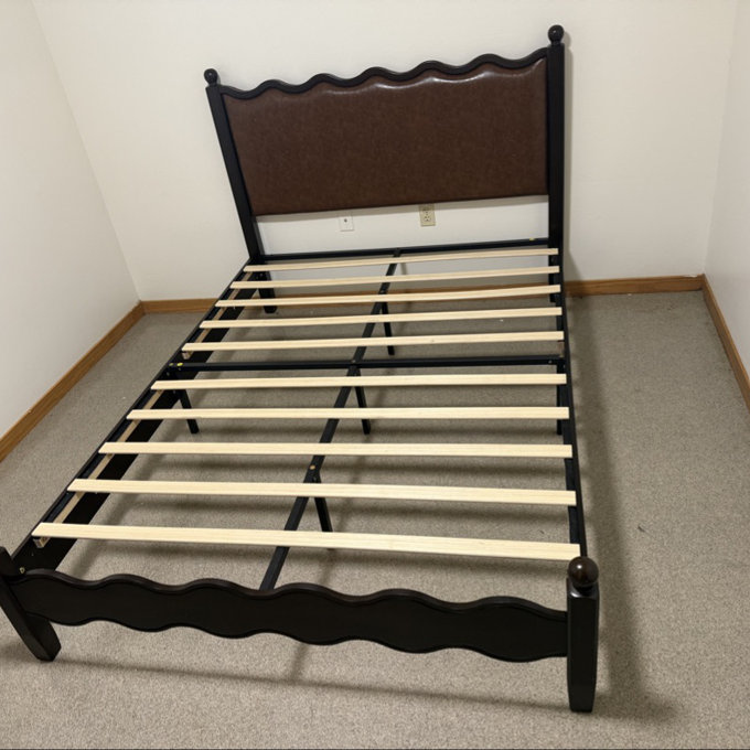 Ines Wood Bed Frame with Upholstered Headboard - Vegan Leather Upholstery - Brown, Queen