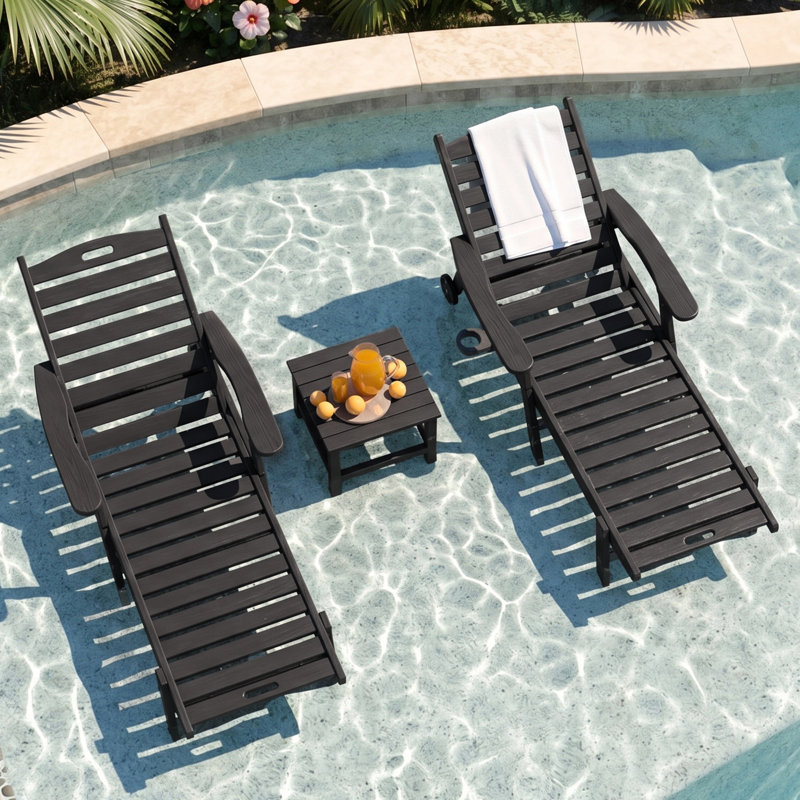 HDPE 6-Position Adjustable Patio Chaise Lounge With Wheels & Cup Holder Heavy Duty Outdoor Recliner For Pool, Black