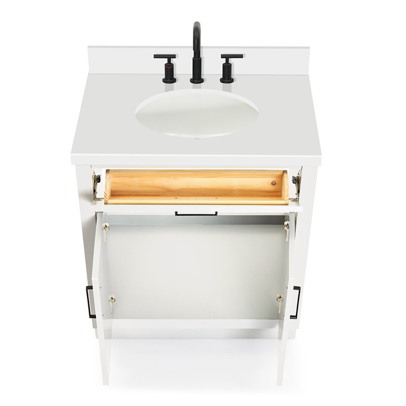 Meuble-lavabo simple 30 po en bois massif avec plateau en quartz 1,5 po Thornaby, Blanc / noir mat, Ovale