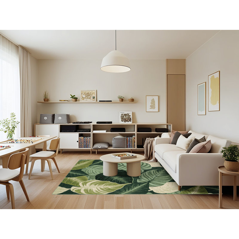 Machine Washable Botanical Green Area Rug, Rectangle 7' x 9'