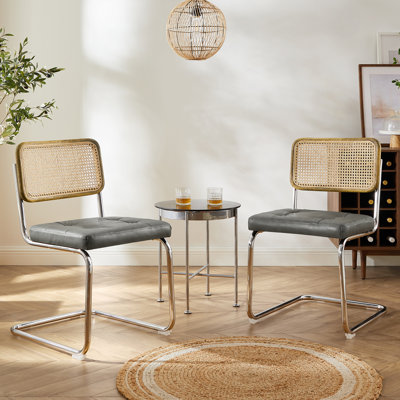 Lidda Mid-Century Modern Tufted PU Leather Upholstered Dining Side Chair with Cane Rattan Back
