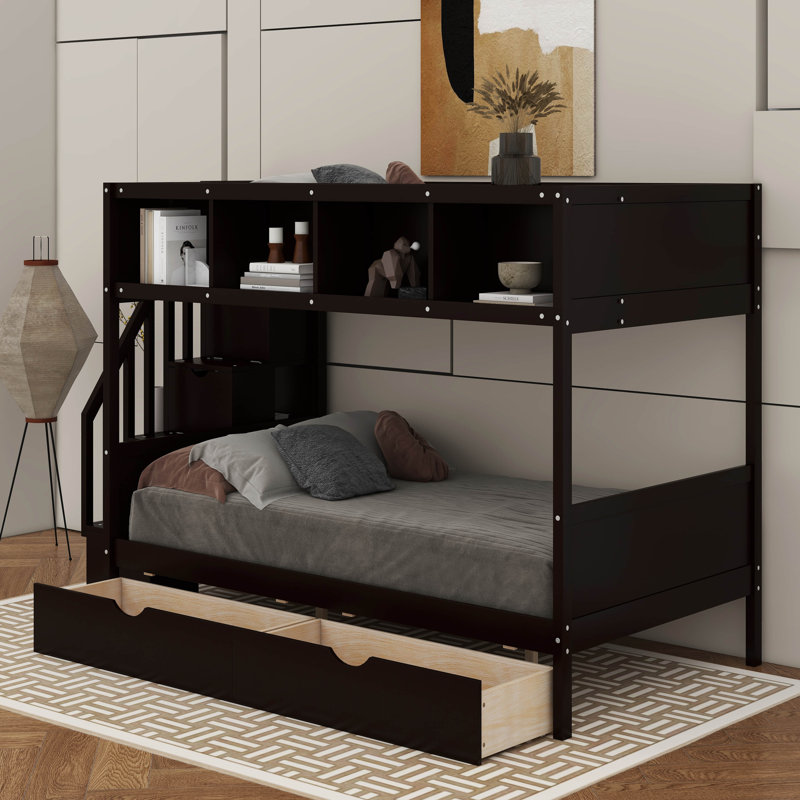 Twin Over Full Bunk Bed With Shelves, Storage Staircase And 2 Drawers, Espresso