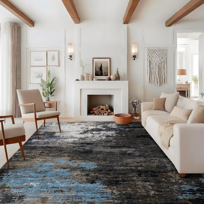 Abstract Art-Inspired Thin Indoor Rug, Distressed Oil Painting Pattern Low Pile Area Mat with Soft Surface, Easy to Clean & Stain Resistant for Living Room, Bedroom, Entryway, Study